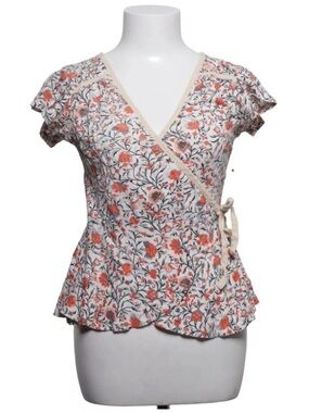 Lucky Brand Cream Floral Wrap Short Sleeve Top with Coral Accents